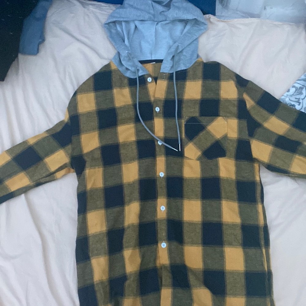 Shein Yellow Plaid Shirt Hoodie Large